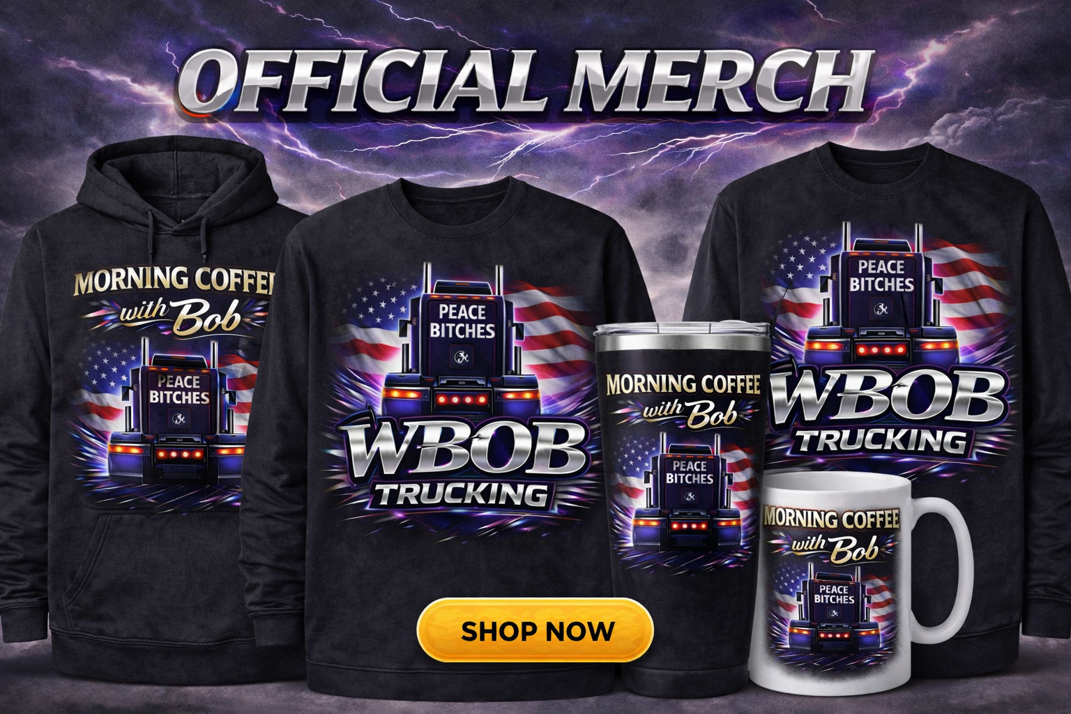 WBOB Merch hero display featuring apparel, hats, mug, and tumbler